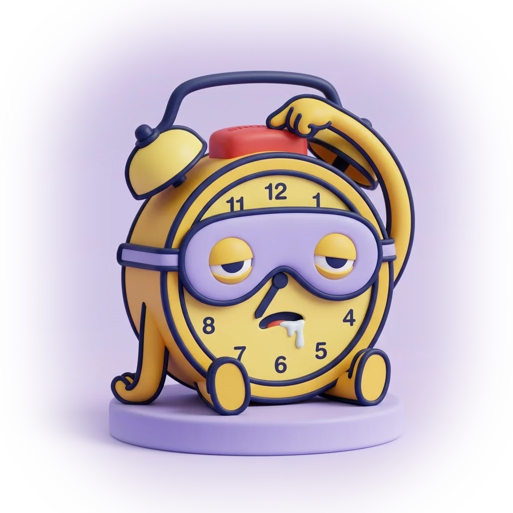 Snoozy, a sleepy 3D alarm clock wearing a sleep mask, slapping its own snooze button
